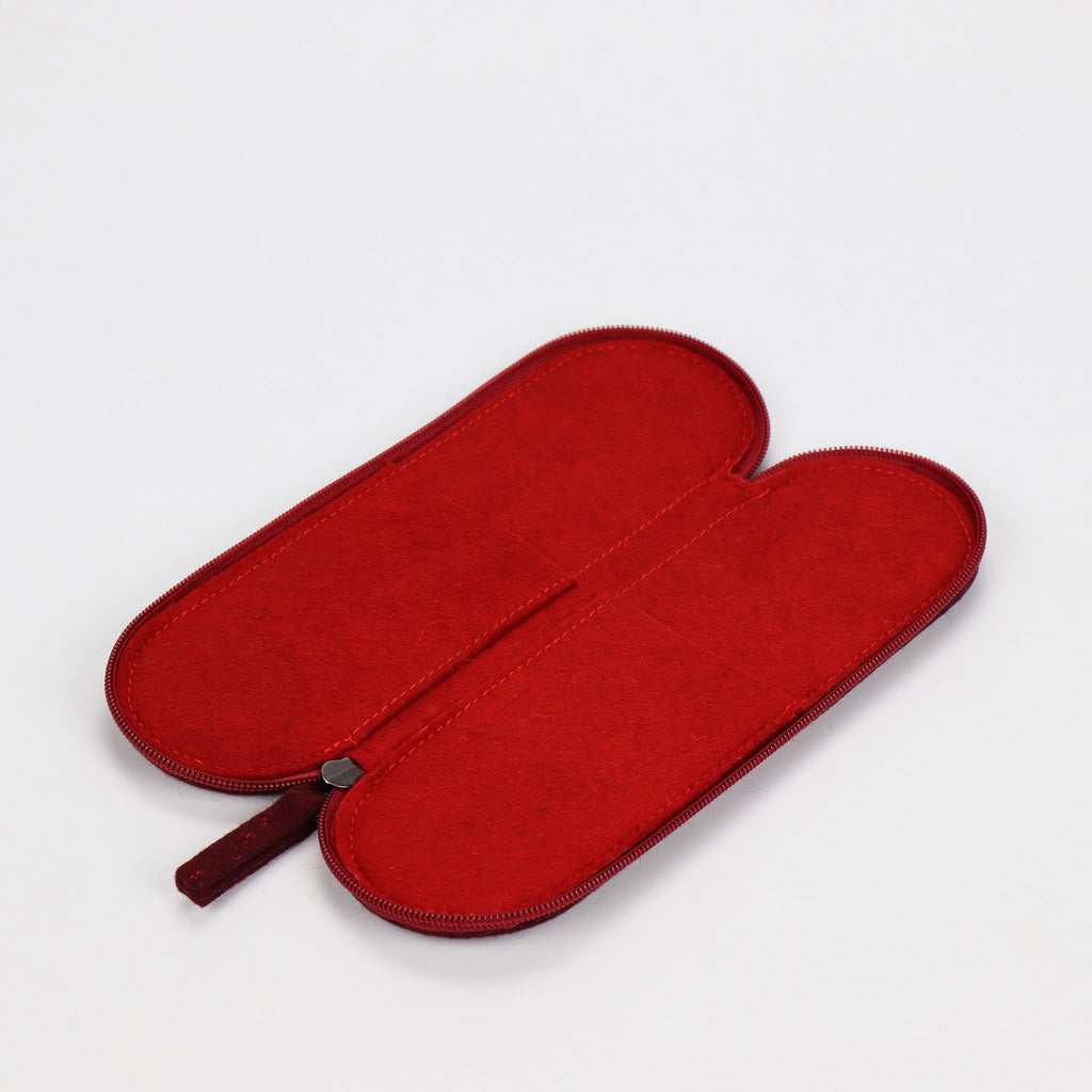 dark red wool felt cutlery case opened showing red wool felt lining laying eKodoKi WOOLI