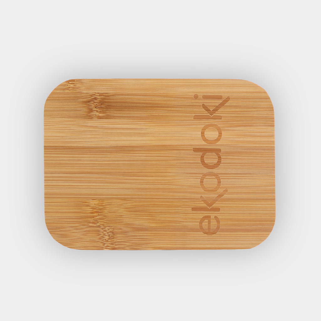 glass lunchbox 1000ml 34oz with natural bamboo lid black elastic fabric strap off flatlay eKodoKi FORNO