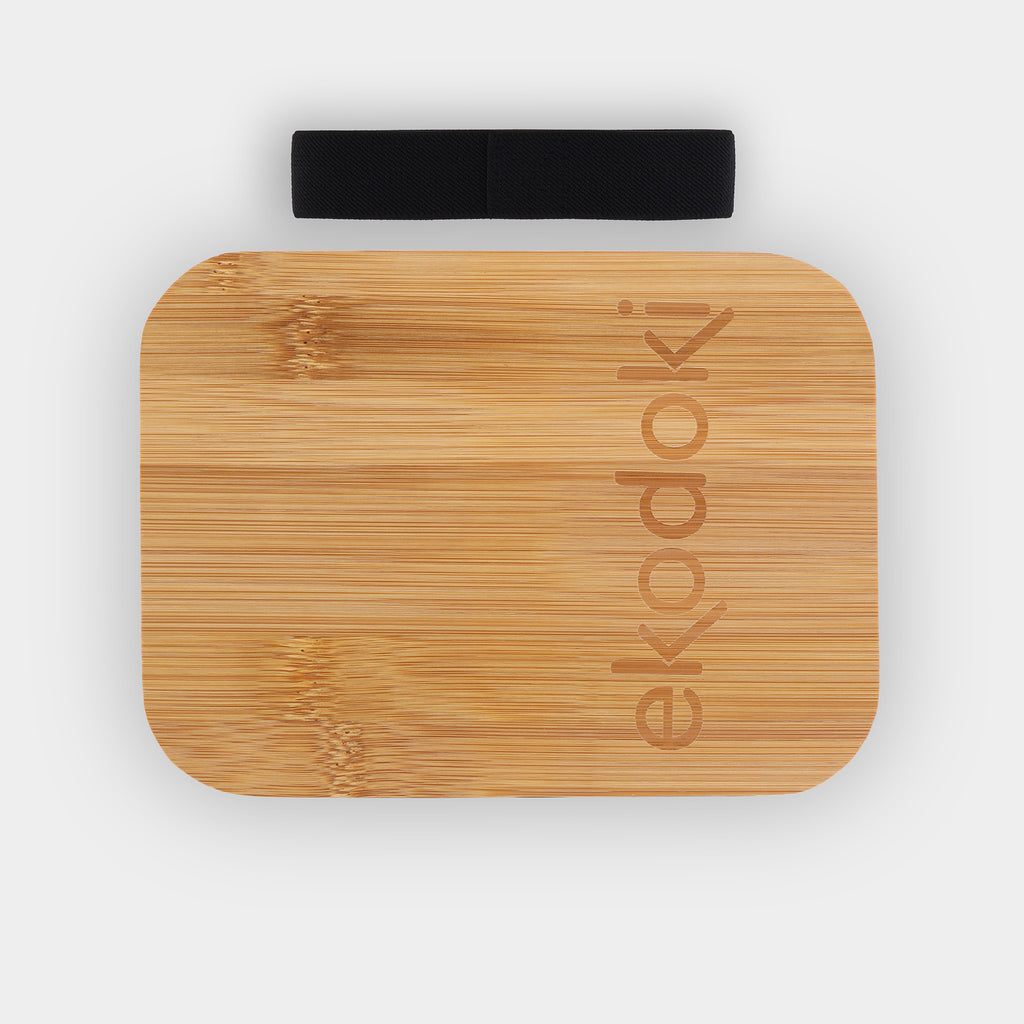 glass lunchbox 1000ml 34oz with natural bamboo lid black elastic fabric strap put aside flatlay eKodoKi FORNO