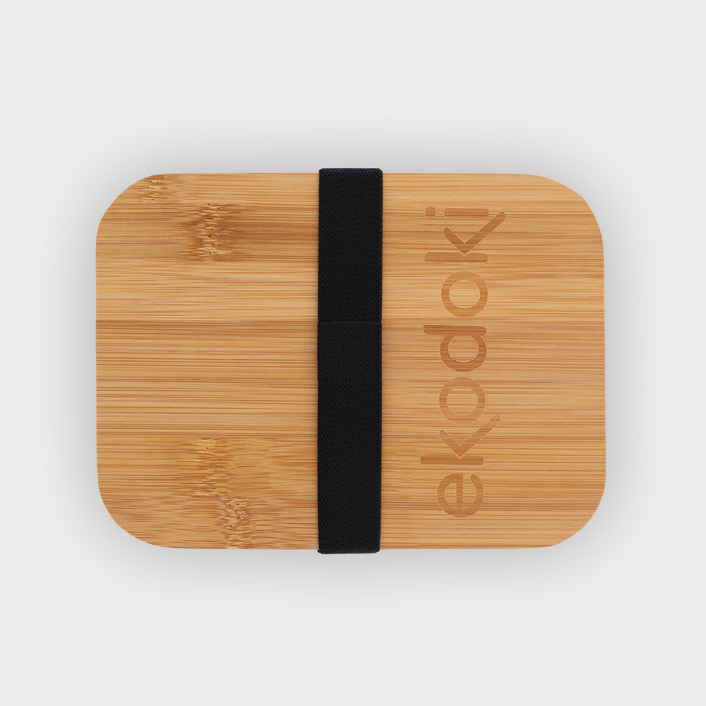 glass lunchbox 1000ml 34oz with natural bamboo lid black elastic fabric strap wrapped around flatlay eKodoKi FORNO