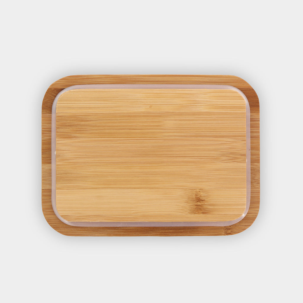 glass lunchbox 1000ml 34oz inner side of natural bamboo lid showing its silicone rim airtight closure flatlay eKodoKi FORNO