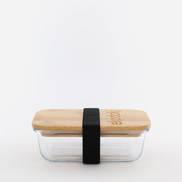 glass lunchbox 600ml 20oz with natural bamboo lid and black elastic fabric strap eKodoKi FORNO