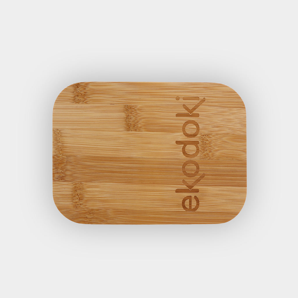 glass lunchbox 600ml 20oz with natural bamboo lid black elastic fabric strap off flatlay eKodoKi FORNO