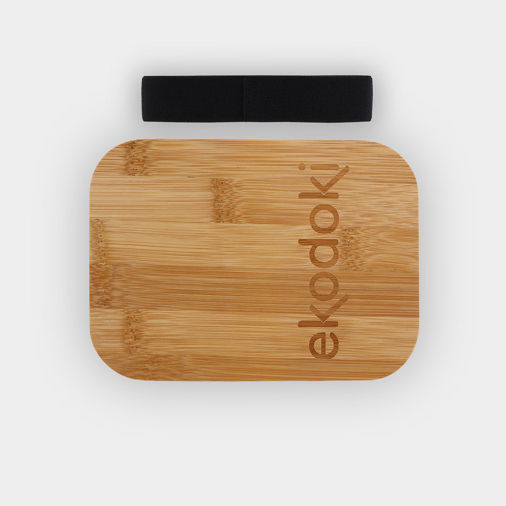 glass lunchbox 600ml 20oz with natural bamboo lid black elastic fabric strap put aside flatlay eKodoKi FORNO