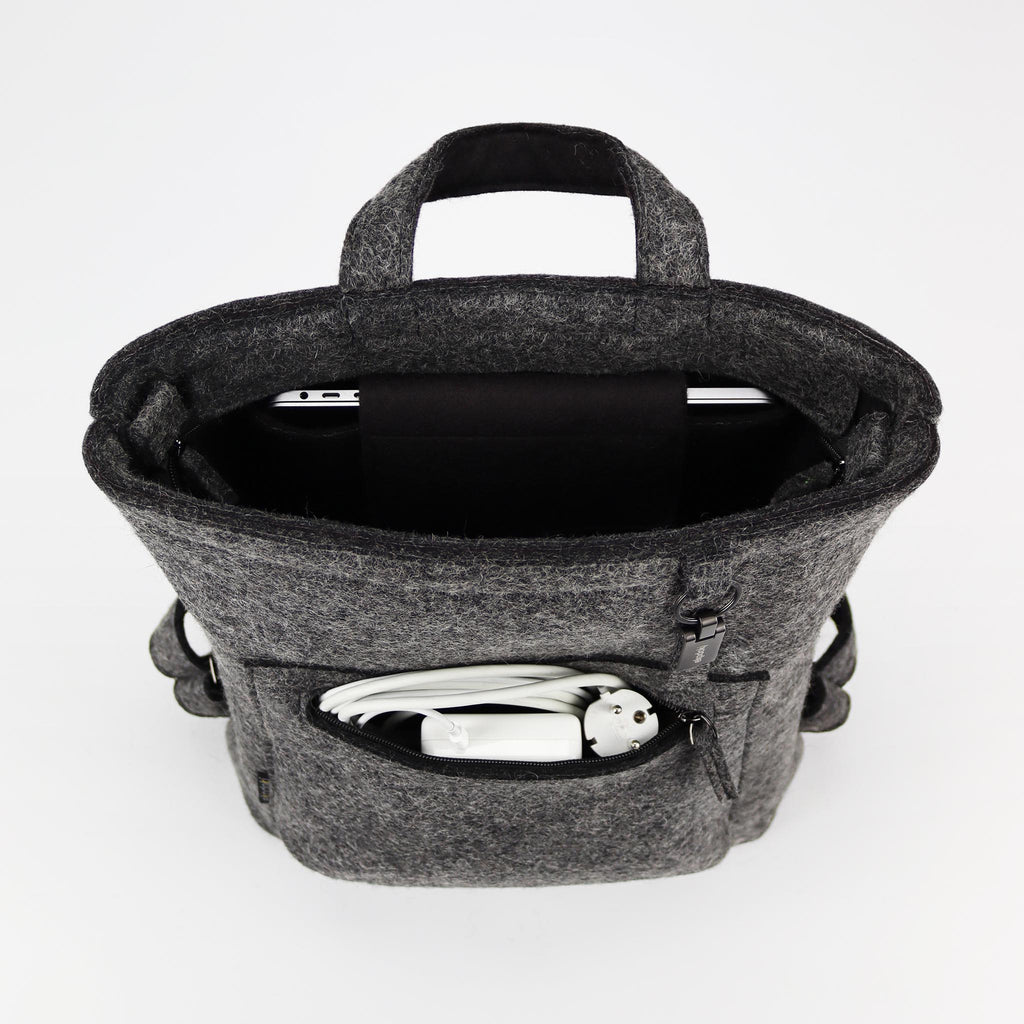 grey wool felt courier backpack top and front pocket opened eKodoKi WOOLI