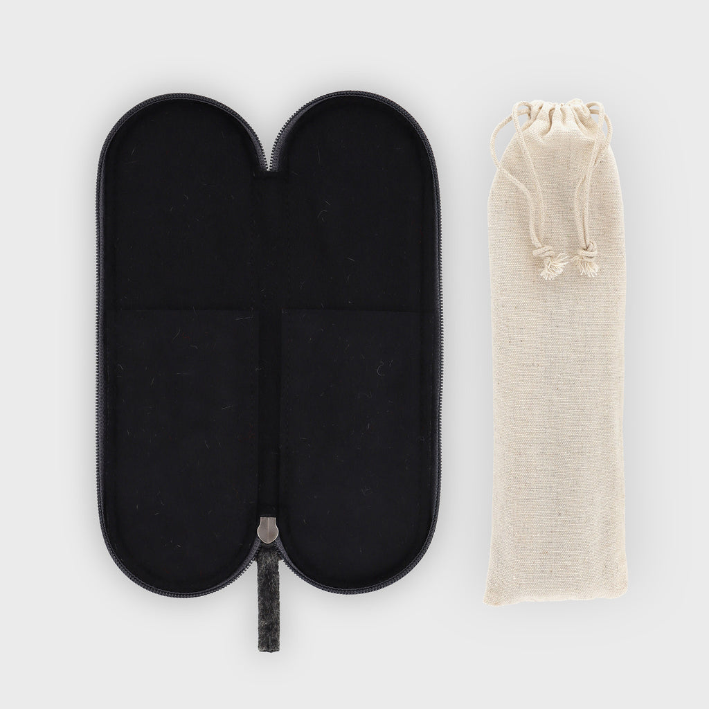 grey wool felt cutlery case opened next to cotton canvas pouch flatlay eKodoKi WOOLI