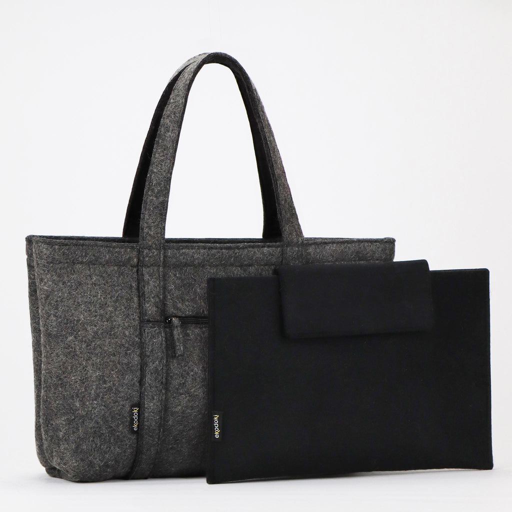 grey wool felt tote bag L and its removable black wool felt laptop sleeve eKodoKi WOOLI