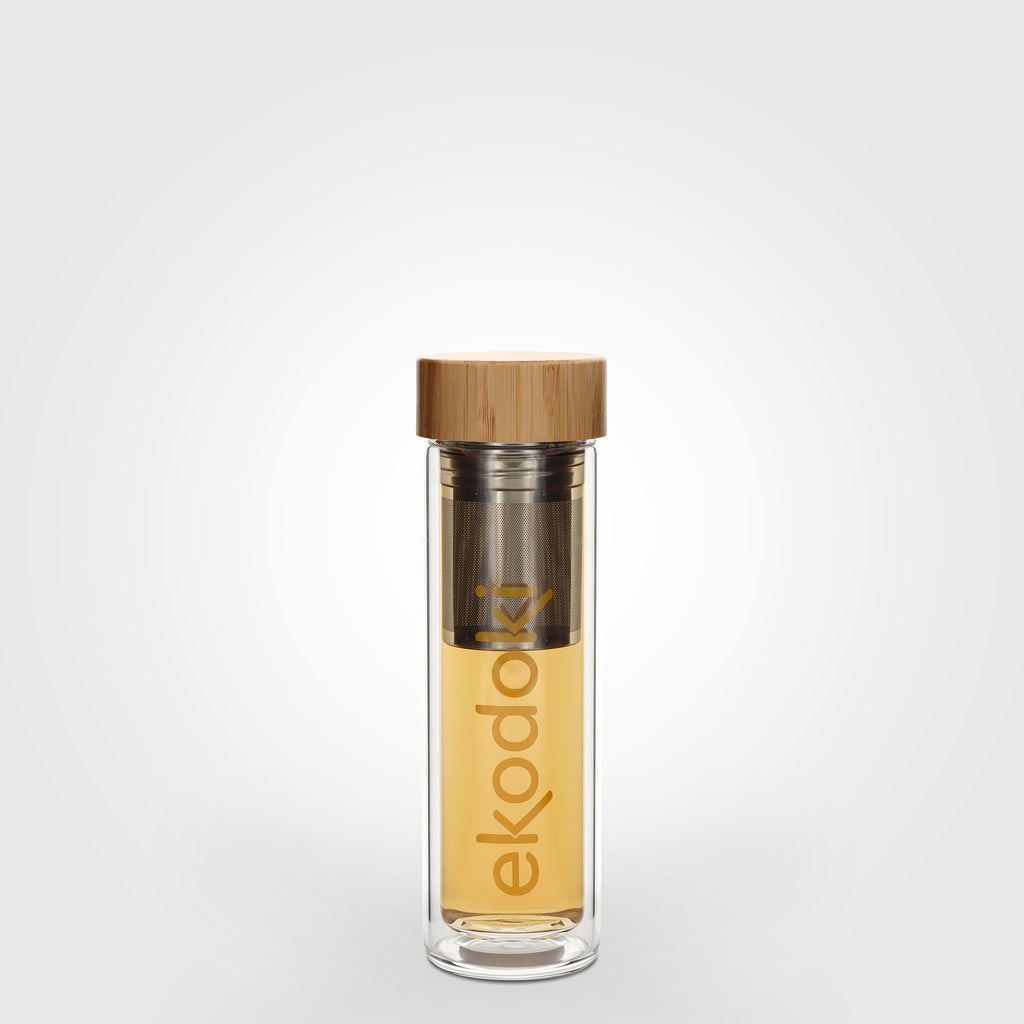 insulated glass bottle 250ml with integrated tea infuser filled eKodoKi TEA-FOR-ONE