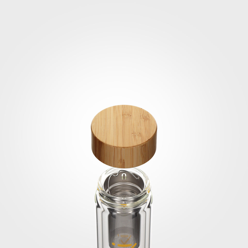 insulated glass bottle 250ml with tea infuser bamboo cap off eKodoKi TEA-FOR-ONE