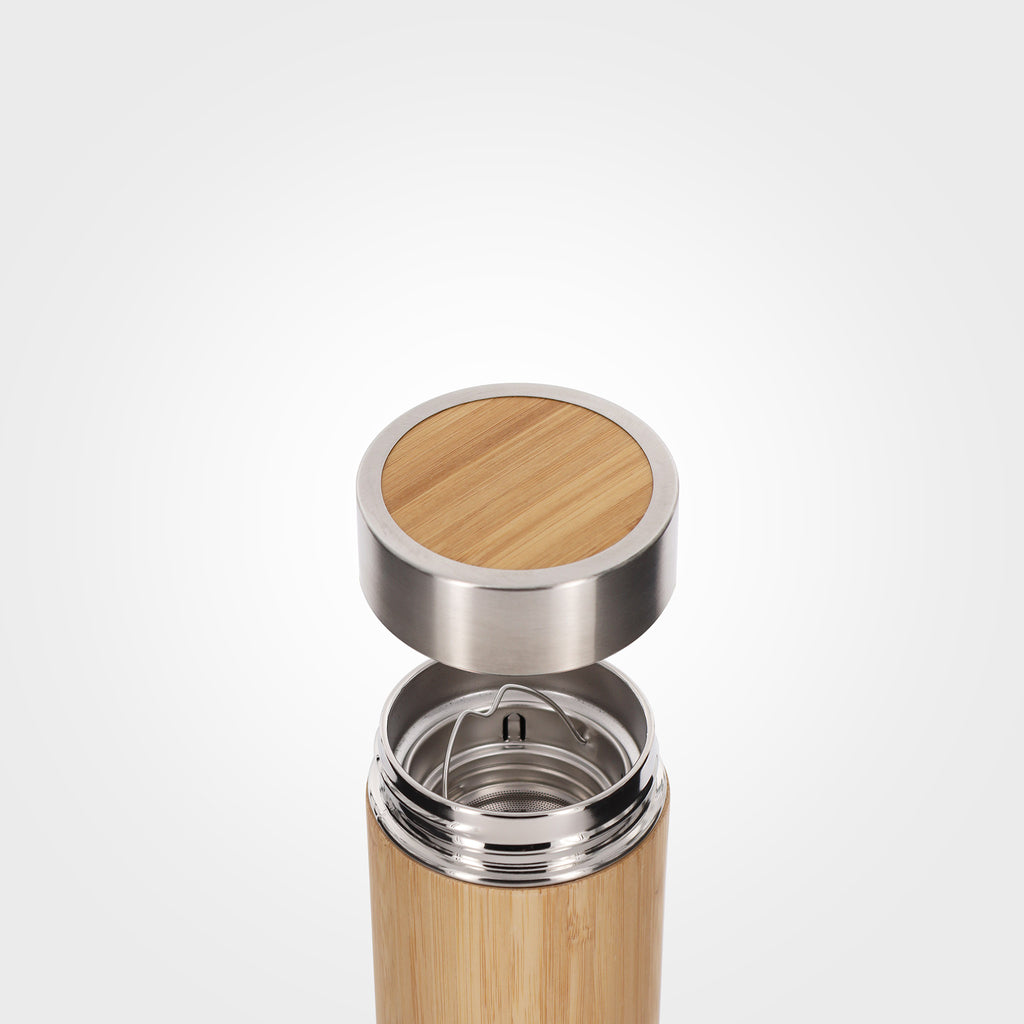 insulated steel and bamboo bottle 450ml with tea infuser cap off eKodoKi TEA-FOR-TWO