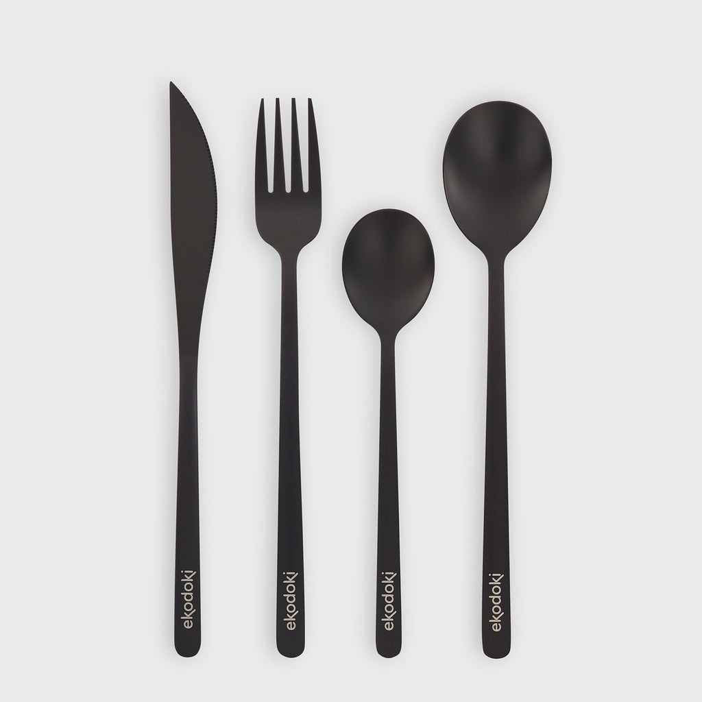 knife fork tablespoon and dessert spoon from black cutlery set eKodoKi KITTO