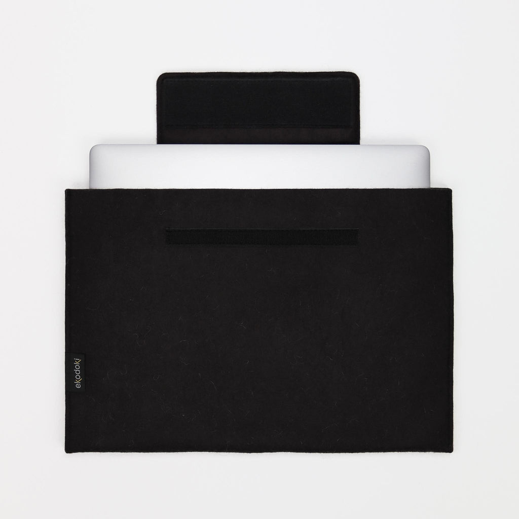 removable black wool felt laptop sleeve opened from brown tote bag L eKodoKi WOOLI