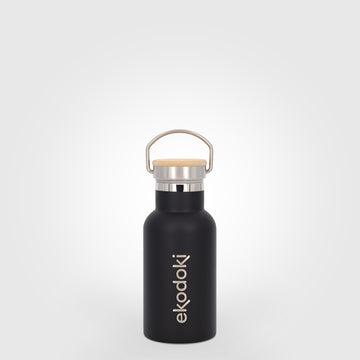 reusable black stainless steel insulated bottle 330ml 33cl 17oz with cap mounted carrying handle eKodoKi THERMOS