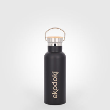 reusable black stainless steel insulated bottle 500ml 50cl 17oz with cap mounted carrying handle eKodoKi THERMOS