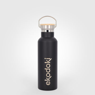 reusable black stainless steel insulated bottle 600ml 60cl 20oz with cap mounted carrying handle eKodoKi THERMOS