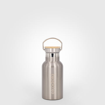 reusable brushed stainless steel insulated bottle 330ml 33cl 17oz with cap mounted carrying handle eKodoKi THERMOS