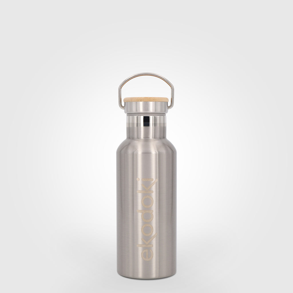 reusable brushed stainless steel insulated bottle 500ml 50cl 17oz with cap mounted carrying handle eKodoKi THERMOS