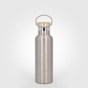 reusable brushed stainless steel insulated bottle 600ml 60cl 20oz with cap mounted carrying handle eKodoKi THERMOS