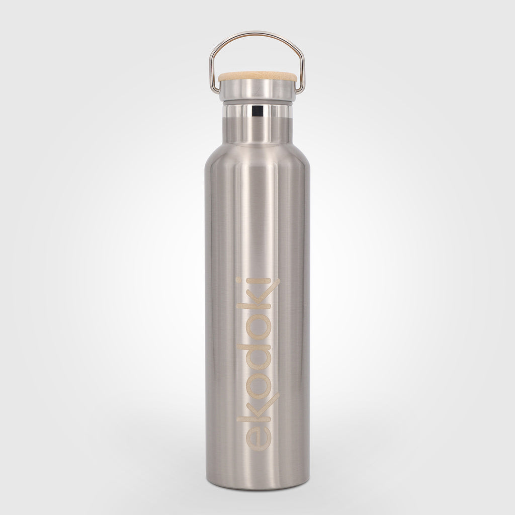 reusable brushed stainless steel insulated bottle 750ml 75cl 25oz with cap mounted carrying handle eKodoKi THERMOS
