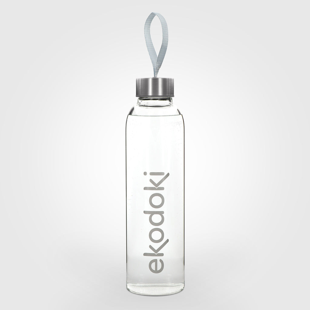 reusable glass water bottle 550ml aluminium cap closure with built-in carrying ribbon eKodoKi HYDRO