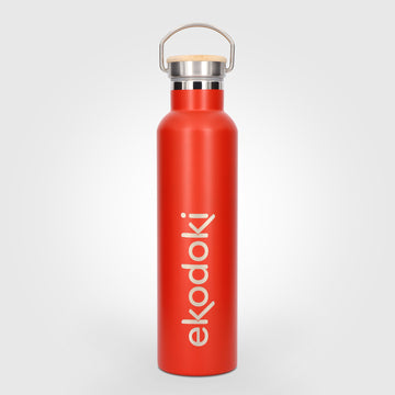 reusable red stainless steel insulated bottle 750ml 75cl 25oz with cap mounted carrying handle eKodoKi THERMOS