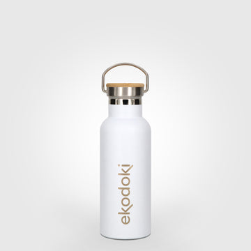 reusable white stainless steel insulated bottle 500ml 50cl 17oz with cap mounted carrying handle eKodoKi THERMOS
