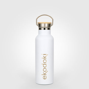 reusable white stainless steel insulated bottle 600ml 60cl 20oz with cap mounted carrying handle eKodoKi THERMOS