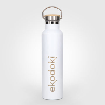 reusable white stainless steel insulated bottle 750ml 75cl 25oz with cap mounted carrying handle eKodoKi THERMOS