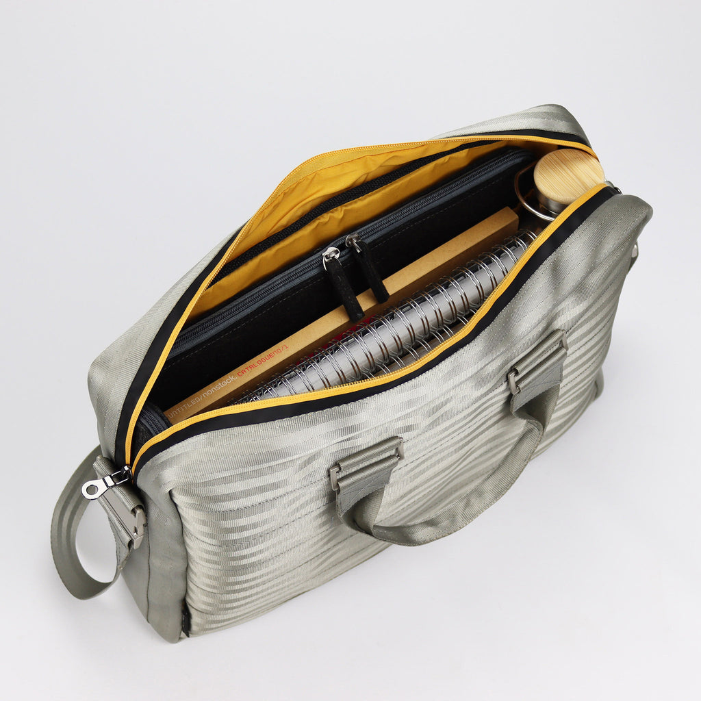 sand seatbelt briefcase L inside with bottle and documents eKodoKi RE-BELT