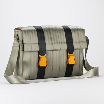 sand seatbelt messenger bag L front featuring orange buckles eKodoKi RE-BELT