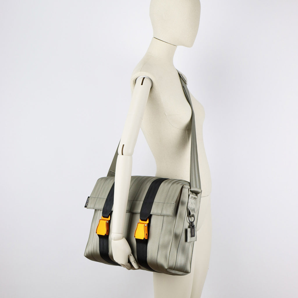 sand seatbelt messenger bag L on female mannequin shoulder eKodoKi RE-BELT
