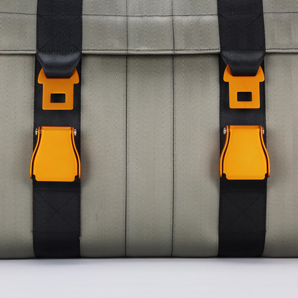 sand seatbelt messenger bag L orange buckles close up out eKodoKi RE-BELT