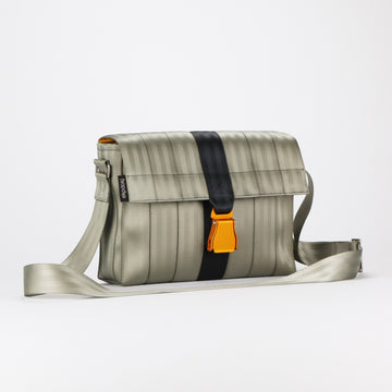 sand seatbelt messenger bag M front featuring orange buckle eKodoKi RE-BELT