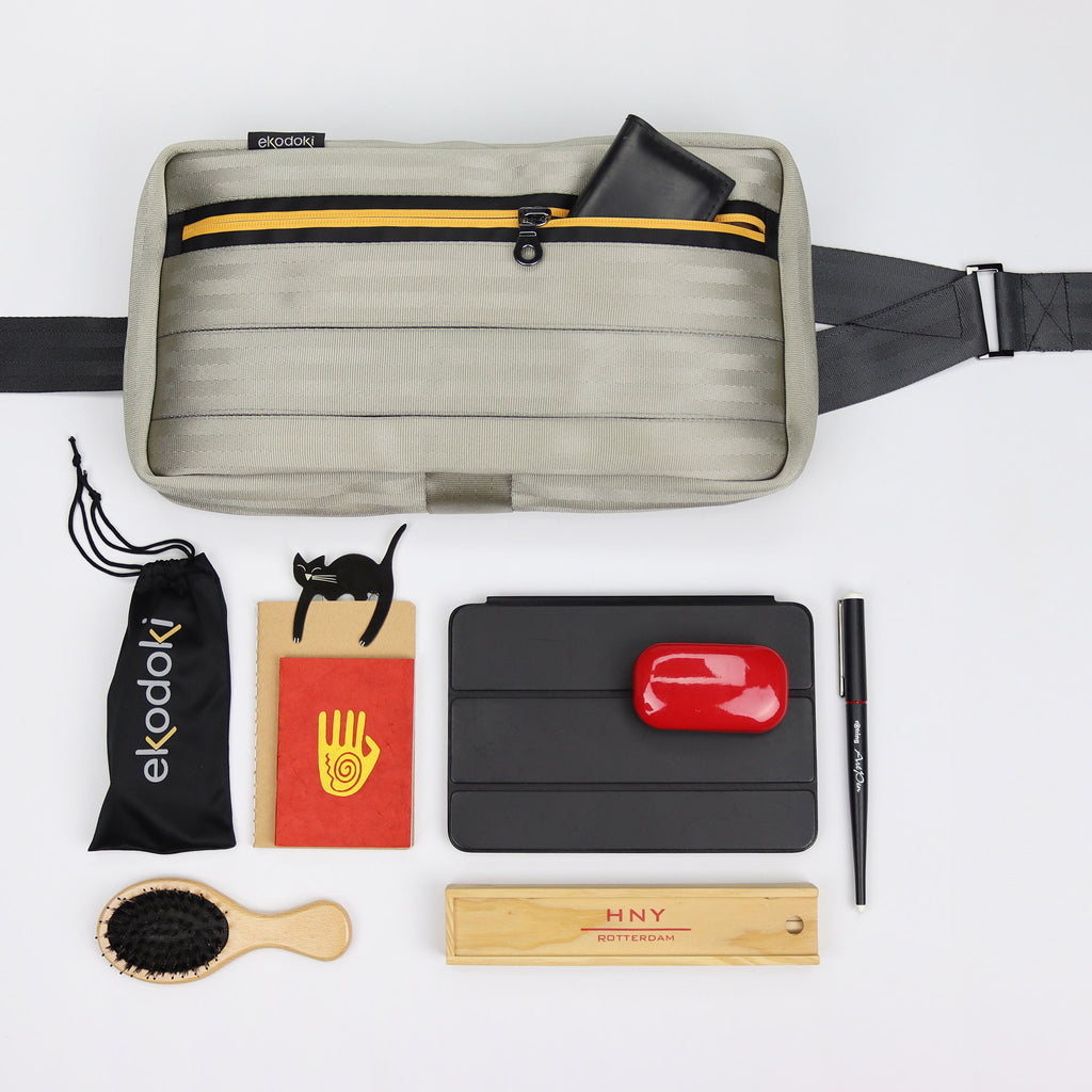 sand seatbelt sling bag L belongings flatlay eKodoKi RE-BELT