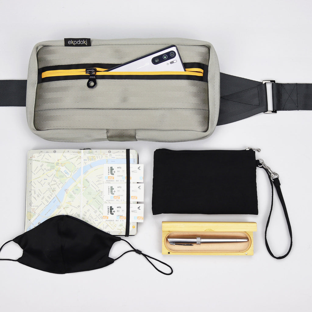 sand seatbelt sling bag M belongings flatlay eKodoKi RE-BELT