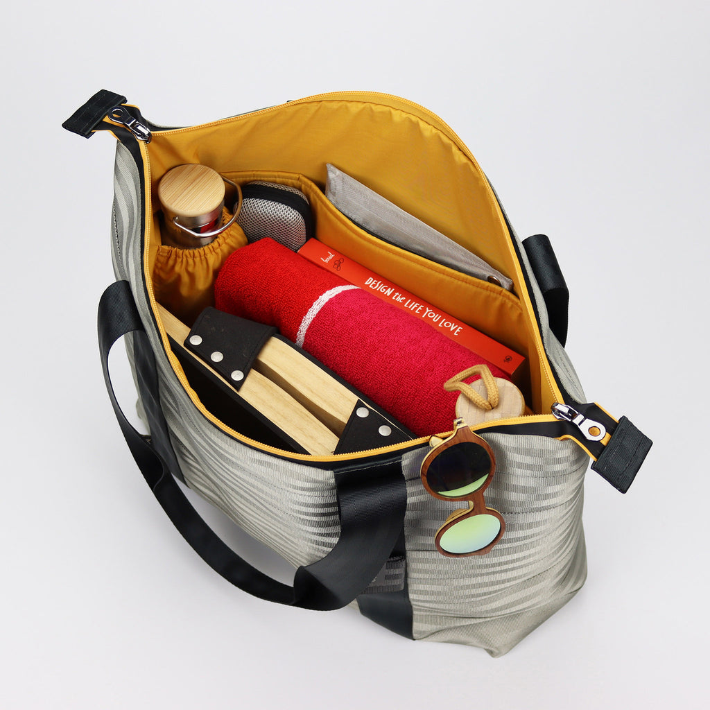 sand seatbelt tote bag L inside with bottle and belongings eKodoKi RE-BELT