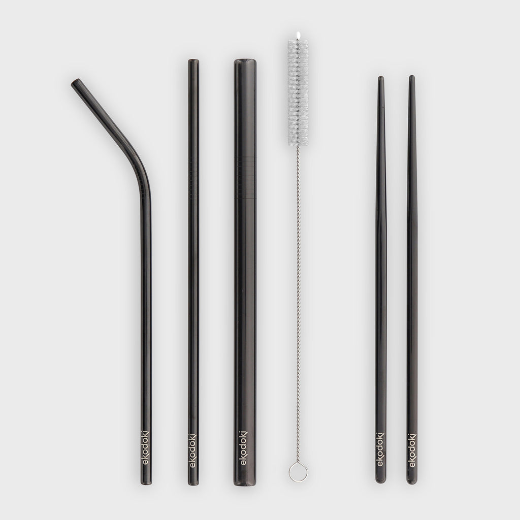 two chopsticks three straws and cleaning brush from black cutlery set eKodoKi KITTO