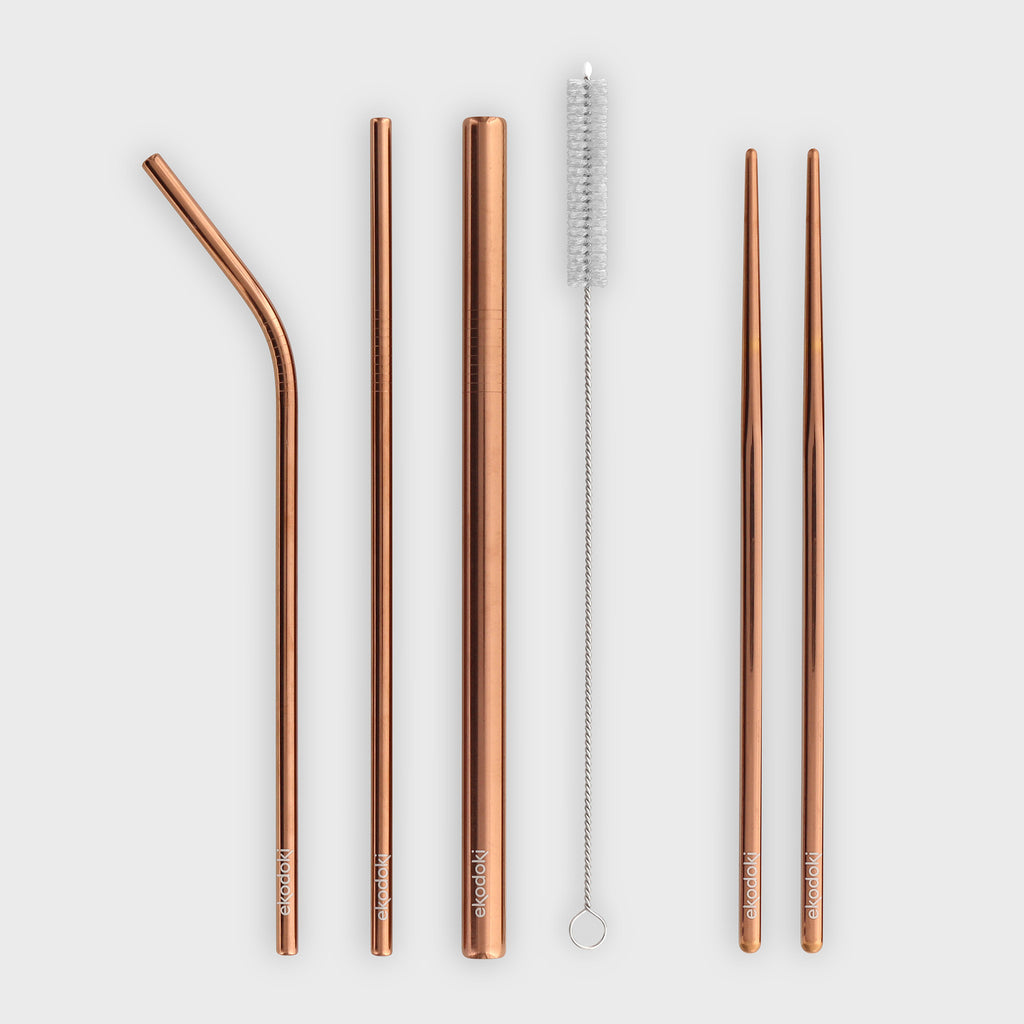 two chopsticks three straws and cleaning brush from rose gold cutlery set eKodoKi KITTO