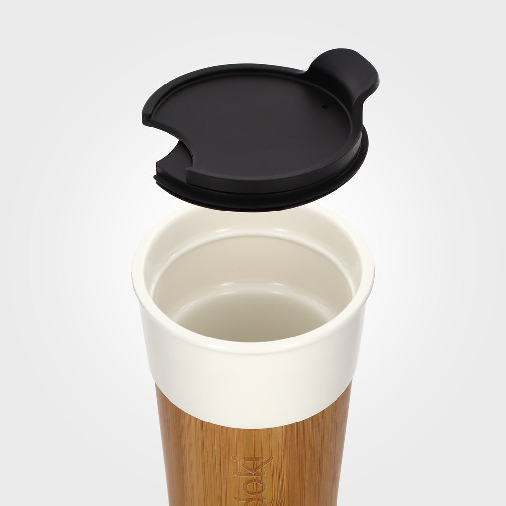 white ceramic and bamboo mug 330ml black lid off eKodoKi MOKKA