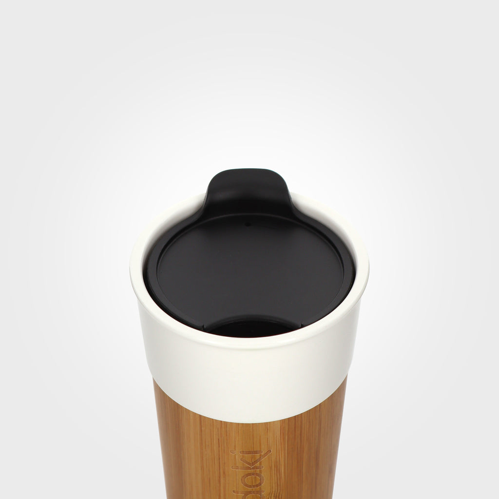white ceramic and bamboo mug 330ml black lid on eKodoKi MOKKA