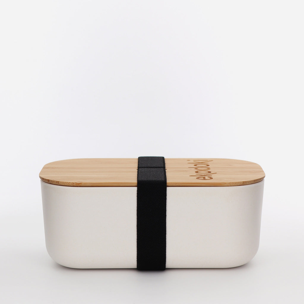 white lunchbox 1100ml 37oz with natural bamboo lid and built-in black elastic fabric strap eKodoKi BENTO