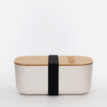 white lunchbox 1100ml 37oz with natural bamboo lid and built-in black elastic fabric strap eKodoKi BENTO