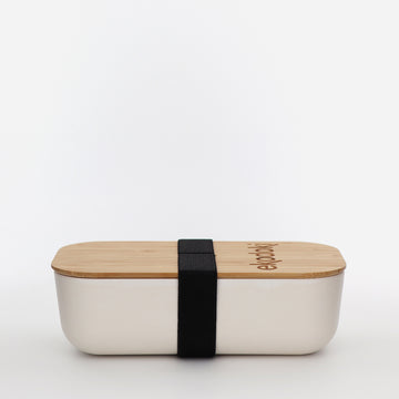 white lunchbox 700ml 24oz with natural bamboo lid and built-in black elastic fabric strap eKodoKi BENTO