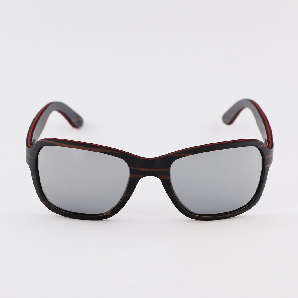 wooden sunglasses bug eye style ebony wood silver mirror lenses front view eKodoKi FLY