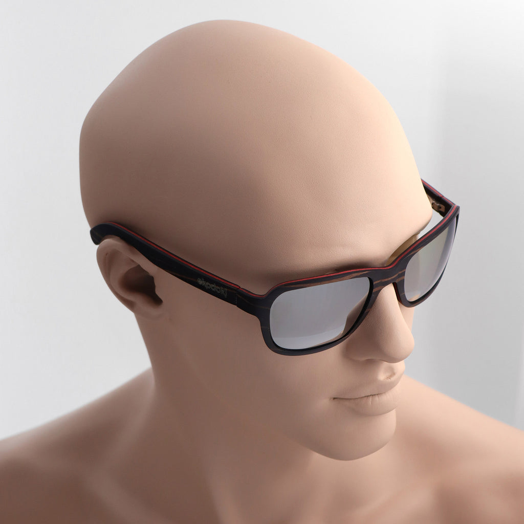 wooden sunglasses bug eye style ebony wood silver mirror lenses on tan male mannequin head eKodoKi FLY