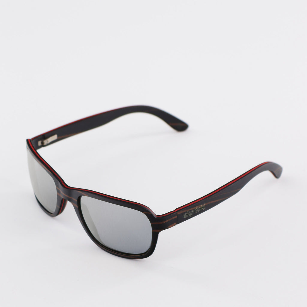 wooden sunglasses bug eye style ebony wood silver mirror lenses side view eKodoKi FLY