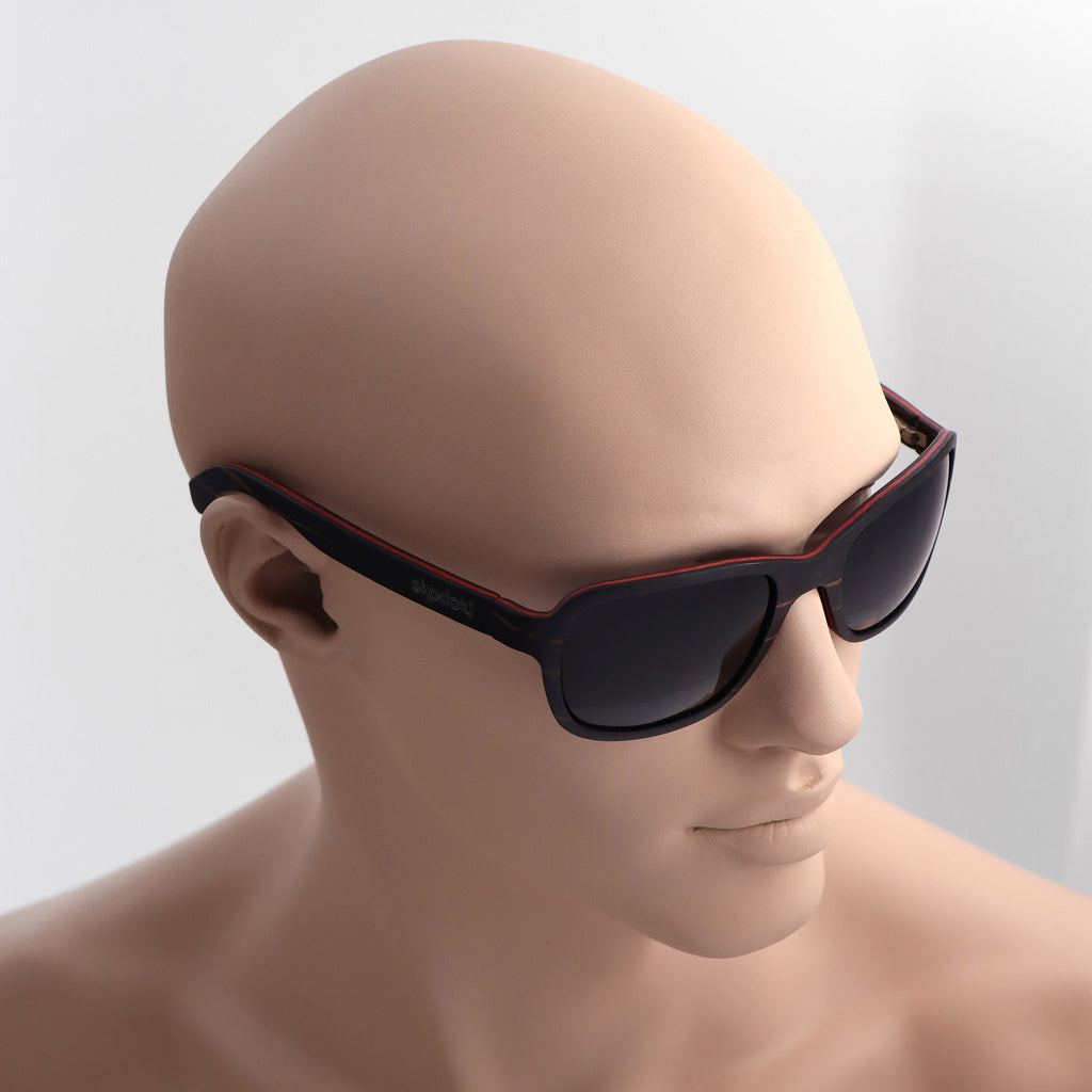 wooden sunglasses bug eye style ebony wood smoke lenses on tan male mannequin head eKodoKi FLY