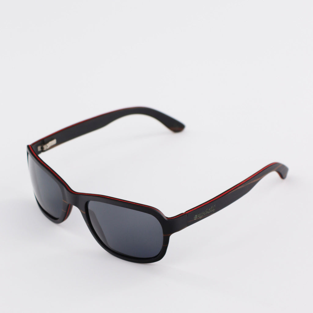 wooden sunglasses bug eye style ebony wood smoke lenses side view eKodoKi FLY