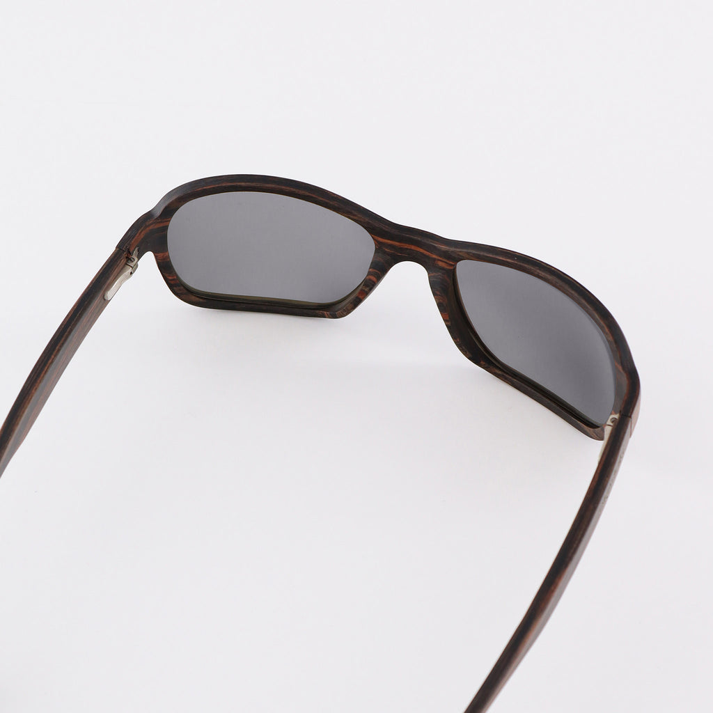 wooden sunglasses bug eye style striped ebony wood silver mirror lenses inside view eKodoKi FLY