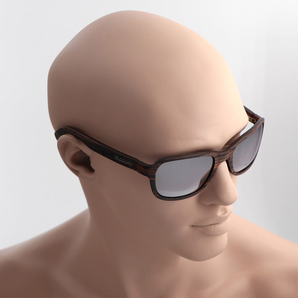 wooden sunglasses bug eye style striped ebony wood silver mirror lenses on tan male mannequin head eKodoKi FLY